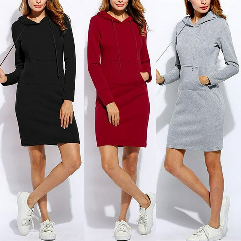 Women's Casual Midi Dress Long Sleeve Hoodie Hooded Jumper Pockets Sweater Tops